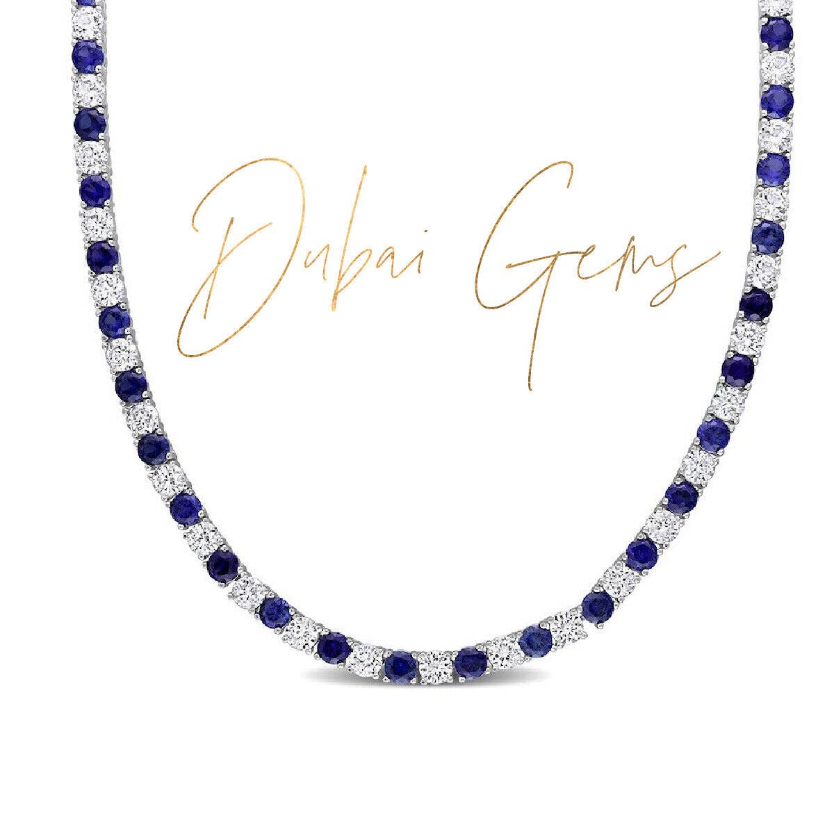 White gold finish blue sapphire round cut created diamond necklace and bracelet