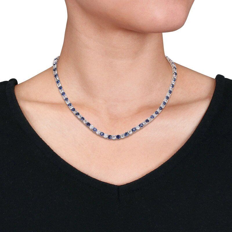 White gold finish blue sapphire round cut created diamond necklace and bracelet