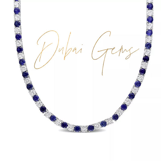 WHITE GOLD FINISH Round Cut Created Diamond and Blue Sapphire Necklace (18 INCH)