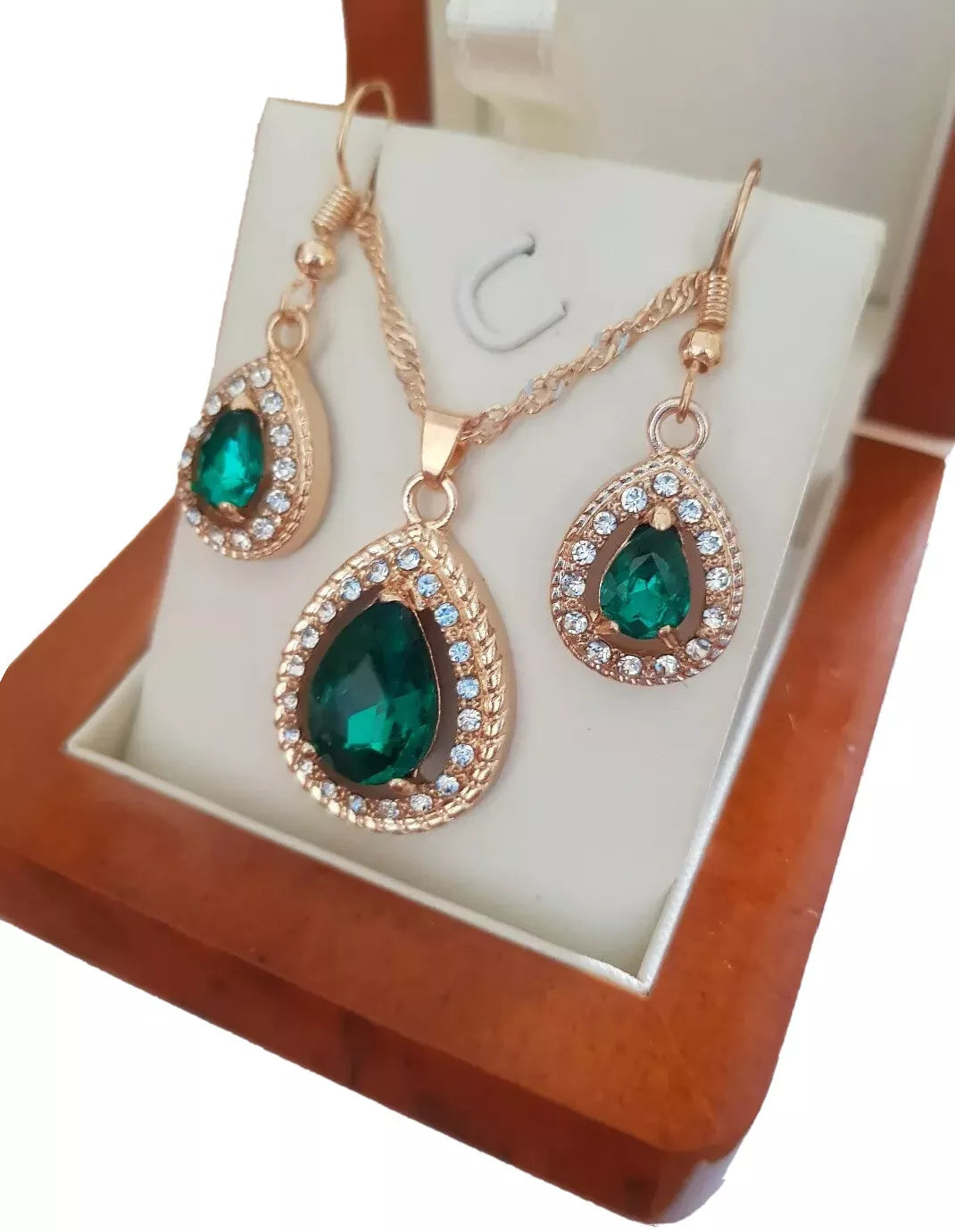 Yellow Gold Finish Emerald Pear Cut Necklace & Earring Set – Elegant Jewellery Collection