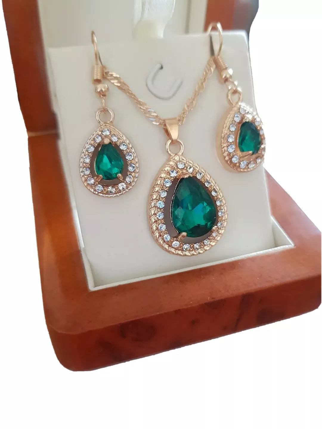 Yellow Gold Finish Emerald Pear Cut Necklace & Earring Set – Elegant Jewellery Collection