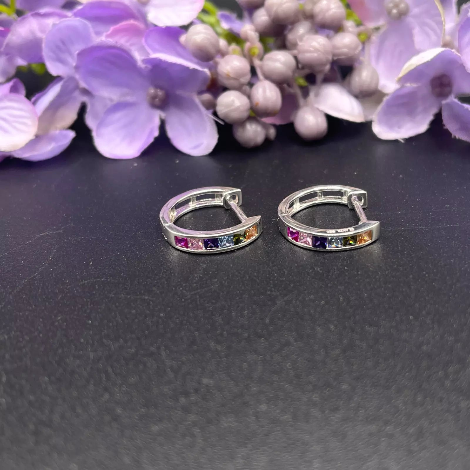 WHITE GOLD FINISH multicolored princess cut created diamond huggie hoop earrings - Free Gift Box