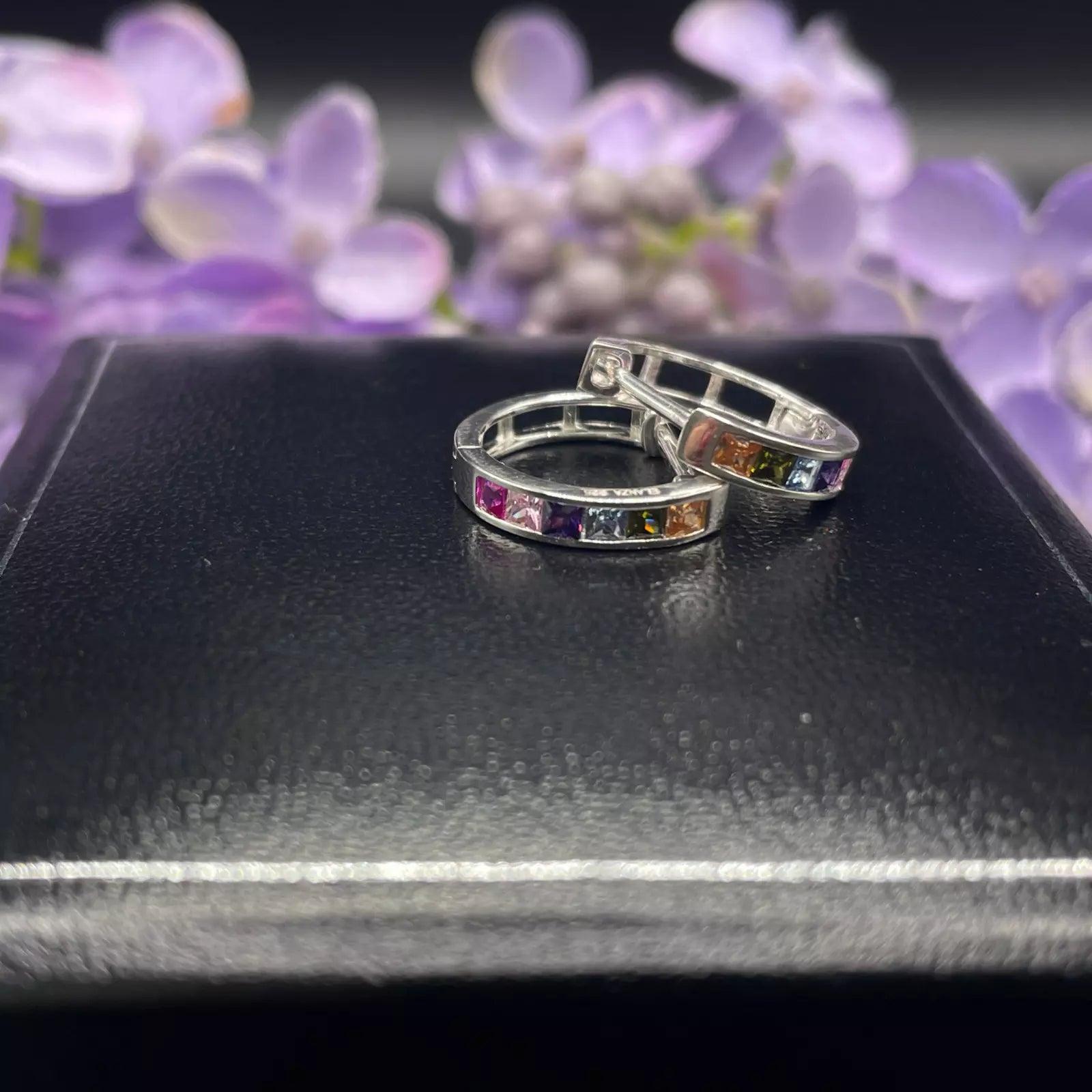 WHITE GOLD FINISH multicolored princess cut created diamond huggie hoop earrings - Free Gift Box