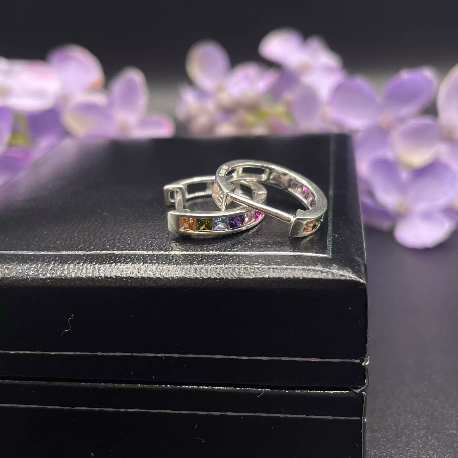 WHITE GOLD FINISH multicolored princess cut created diamond huggie hoop earrings - Free Gift Box