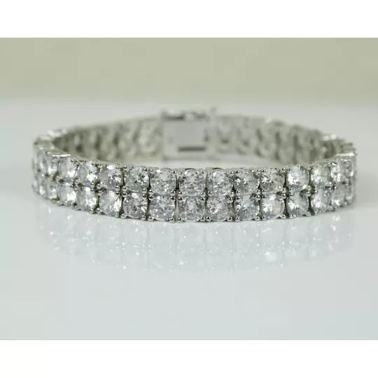 Men’s White Gold Finish Double Row Tennis Bracelet – Premium Created Diamonds, Iced Out, Luxury Hip Hop Jewellery