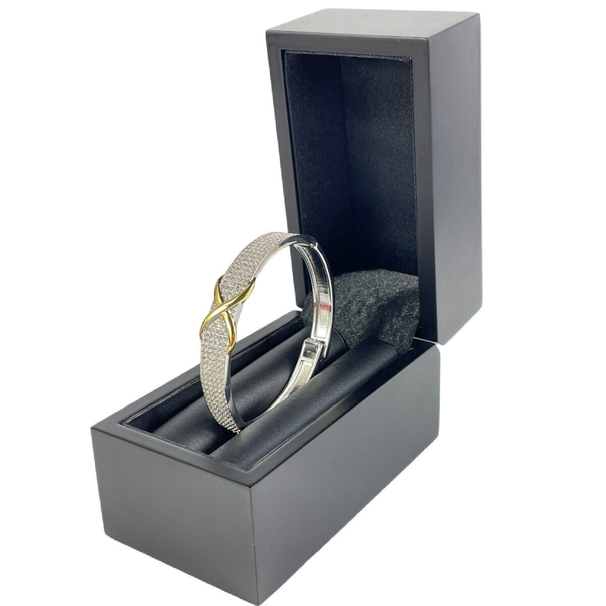 White Gold Finish Created Diamond and Yellow Gold Infinity Sign Bangle Bracelet