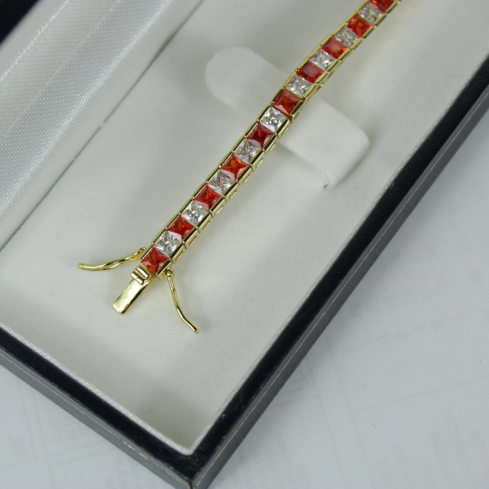 Yellow Gold Finish Created Diamond Red Ruby Princess Cut Tennis Bracelet