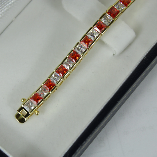 Yellow Gold Finish Created Diamond Red Ruby Princess Cut Tennis Bracelet