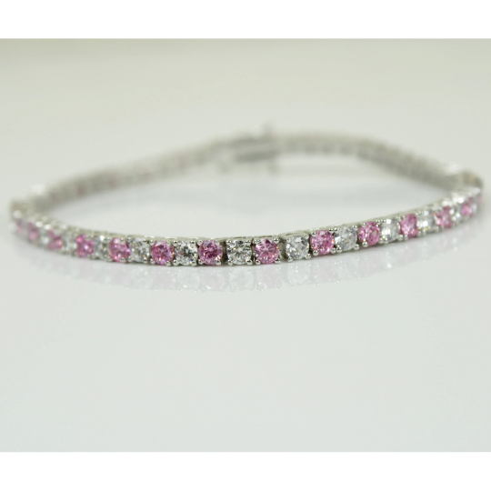 White Gold Finish Created Diamond Pink Tourmaline Round Cut Tennis Bracelet