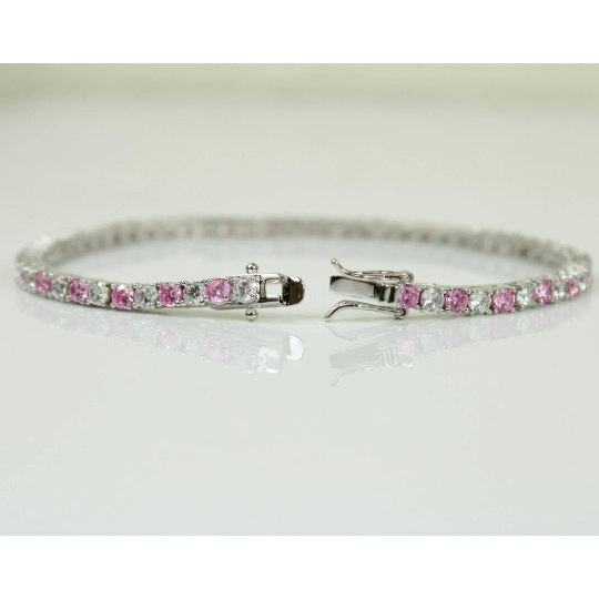 White Gold Finish Created Diamond Pink Tourmaline Round Cut Tennis Bracelet