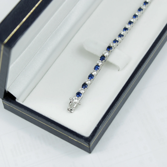 White Gold Finish Created Diamond Blue Sapphire Round Cut Tennis Bracelet