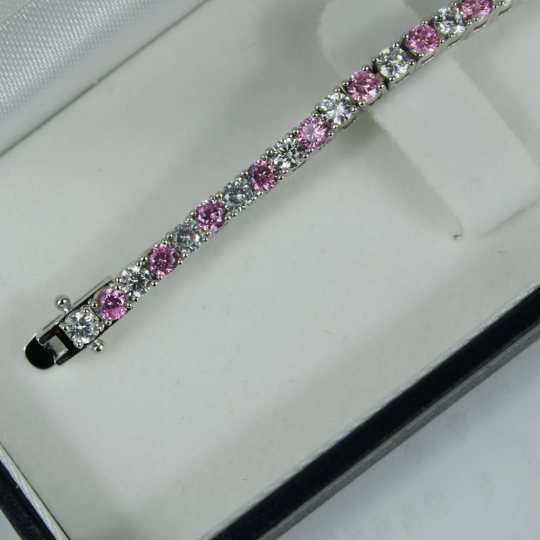 White Gold Finish Created Diamond Pink Tourmaline Round Cut Tennis Bracelet