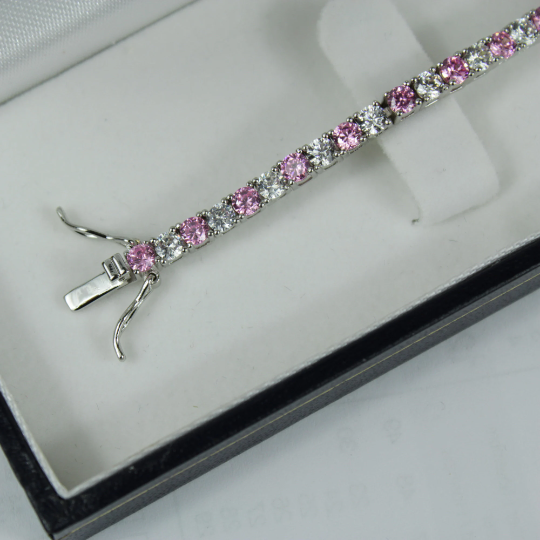 White Gold Finish Created Diamond Pink Tourmaline Round Cut Tennis Bracelet