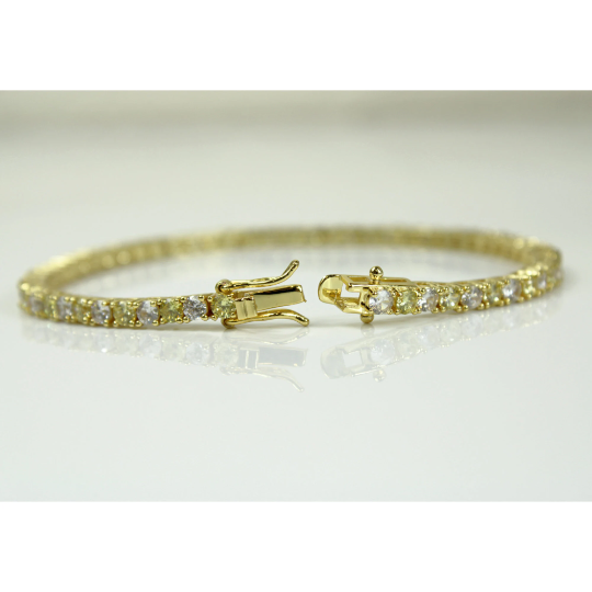 Yellow Gold Finish Created Diamond Peridot Round Cut Tennis Bracelet