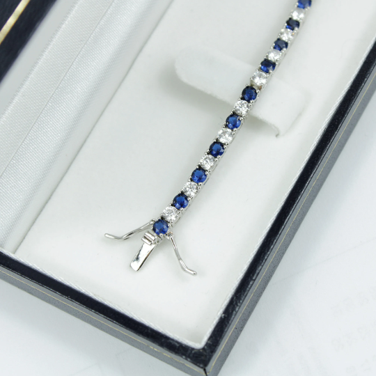 White Gold Finish Created Diamond Blue Sapphire Round Cut Tennis Bracelet