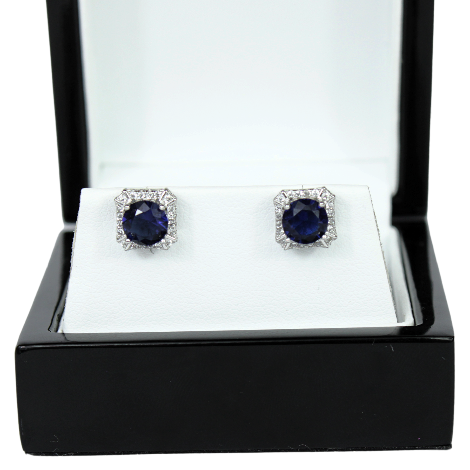 White Gold Finish Blue Sapphire Round Created Diamond Halo Stud Earrings | Elegant Sparkling Jewellery