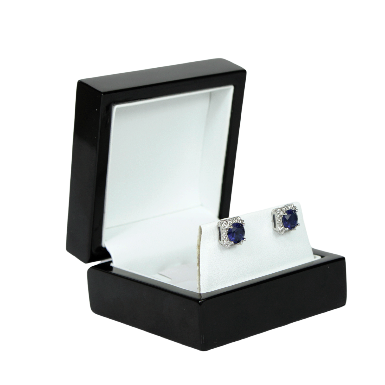 White Gold Finish Blue Sapphire Round Created Diamond Halo Stud Earrings | Elegant Sparkling Jewellery