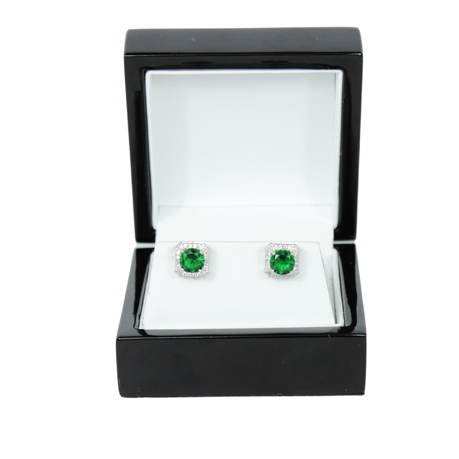 White Gold Finish Created Diamond & Emerald Green Round and Square Cut Earrings