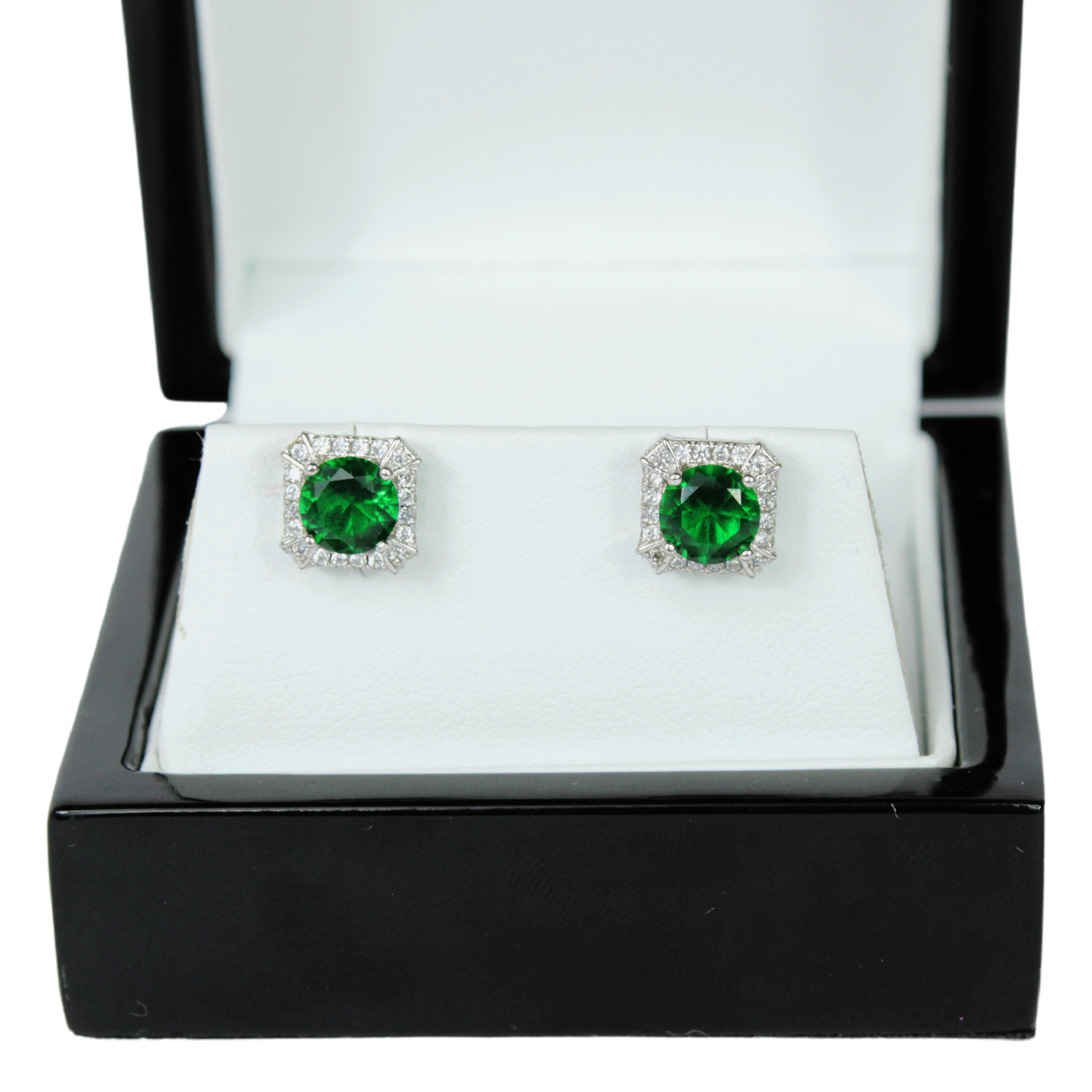 White Gold Finish Created Diamond & Emerald Green Round and Square Cut Earrings