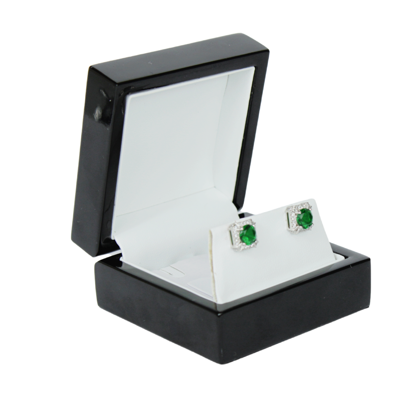 White Gold Finish Created Diamond & Emerald Green Round and Square Cut Earrings