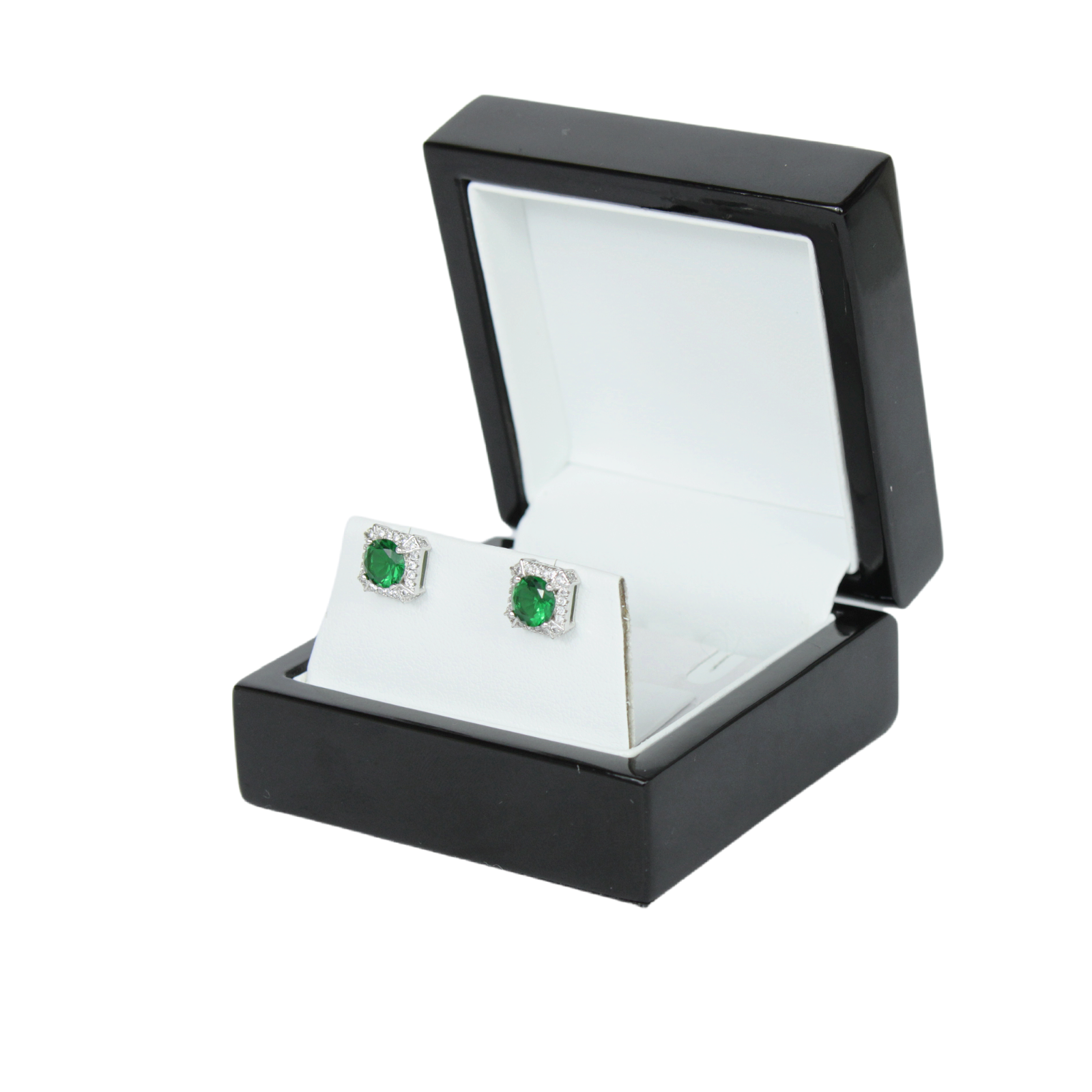 White Gold Finish Created Diamond & Emerald Green Round and Square Cut Earrings