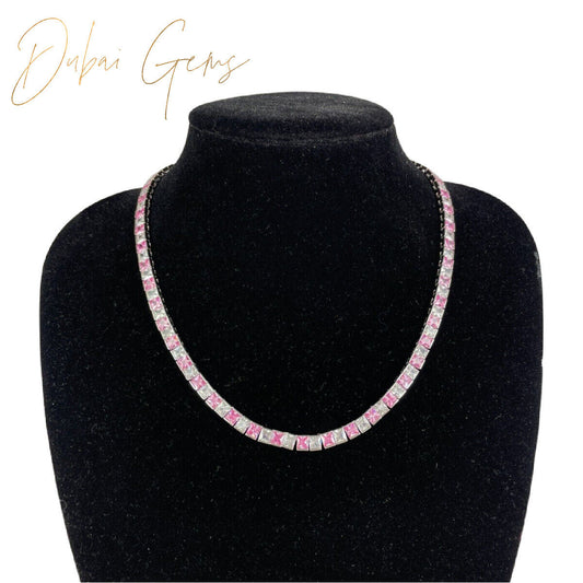 WHITE GOLD FINISH Square Cut Pink Tourmaline With Created Diamond Necklace