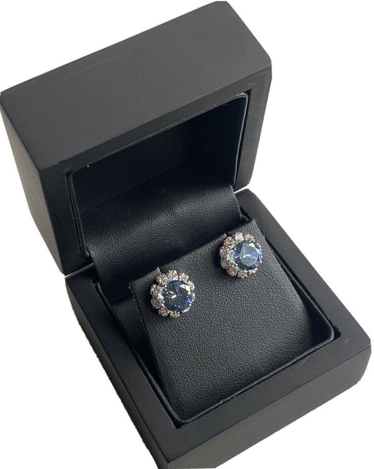 White Gold Finish Round Cut Topaz And Created Diamond Flower Earrings