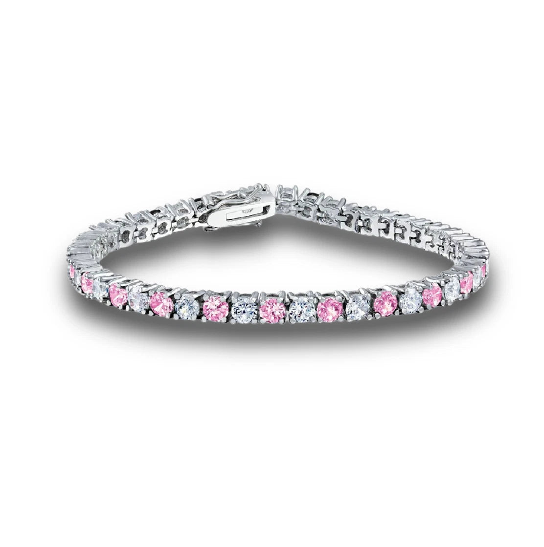White Gold Finish Created Diamond Pink Tourmaline Round Cut Tennis Bracelet