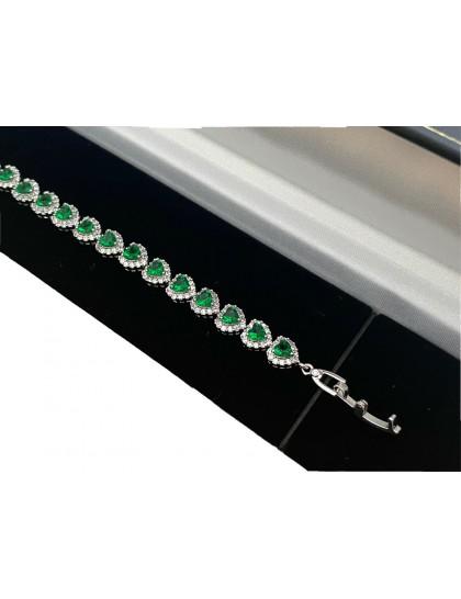 White Gold Finish Green Emerald Created Diamond Heart Cut Bracelet