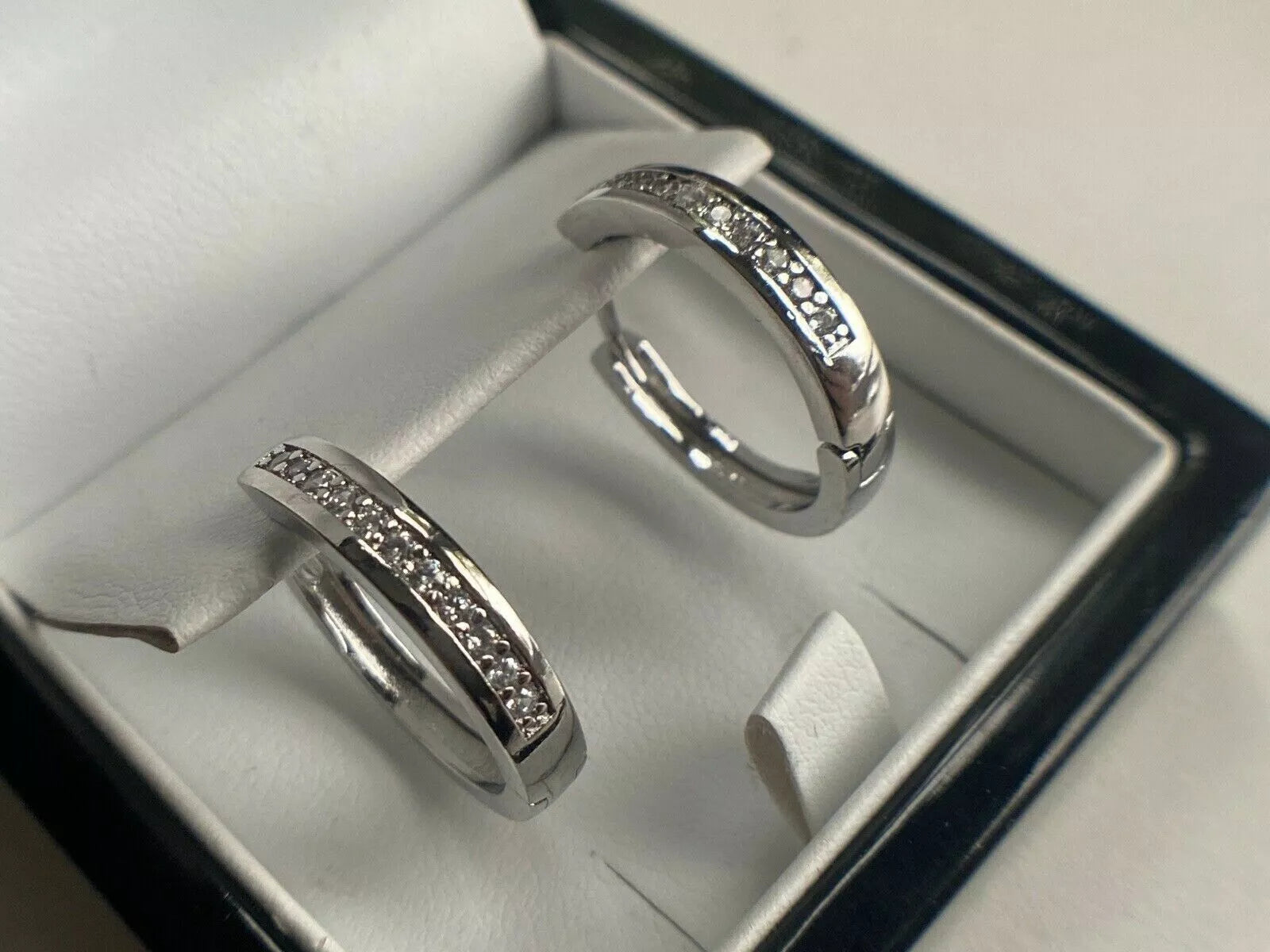 White Gold Finish Huggie Round Hoop Earrings with DG Created Diamonds