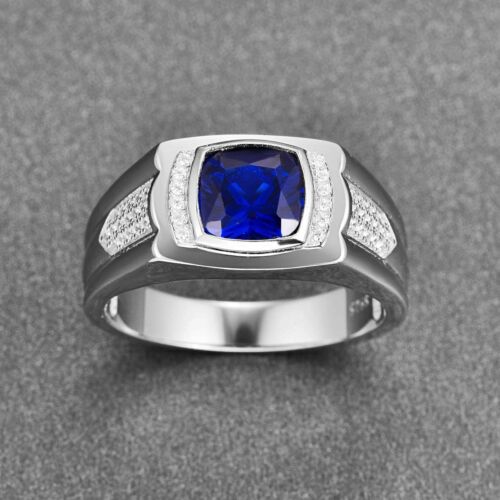 925 Sterling Silver Created Blue Sapphire And Created Diamond Men’s Signet Ring