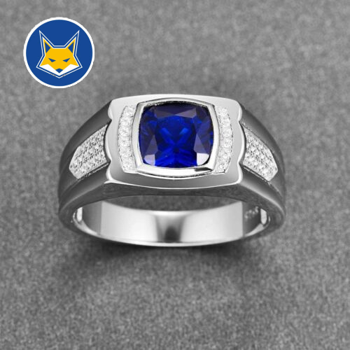 925 Sterling Silver Created Blue Sapphire And Created Diamond Men’s Signet Ring