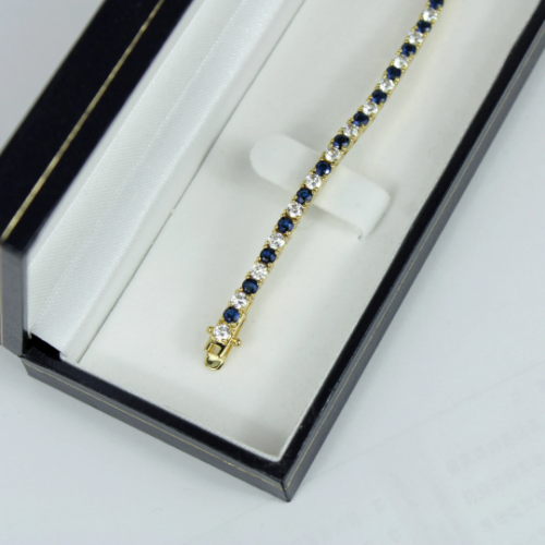 Yellow Gold Finish Created Diamond Blue Sapphire Round Cut Tennis Bracelet