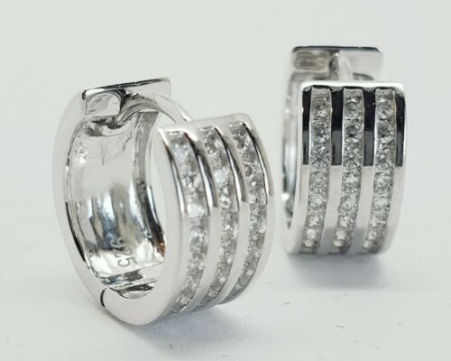 White Gold Finish Triple Row Created Diamond Huggie Hoop Earrings