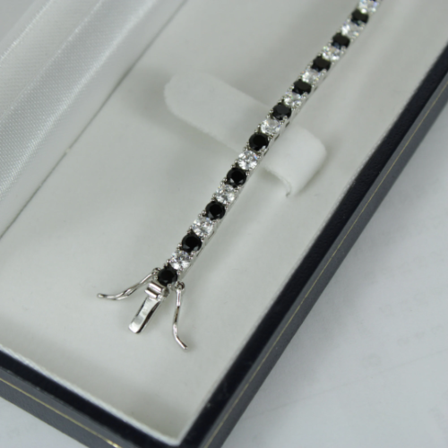 White Gold Finish Created Diamond Black Onyx Round Cut Tennis Bracelet