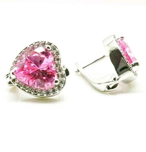White Gold Finish Pink Tourmaline Created Diamond Heart Cut Droplet Earrings