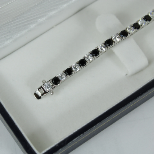 White Gold Finish Created Diamond Black Onyx Round Cut Tennis Bracelet