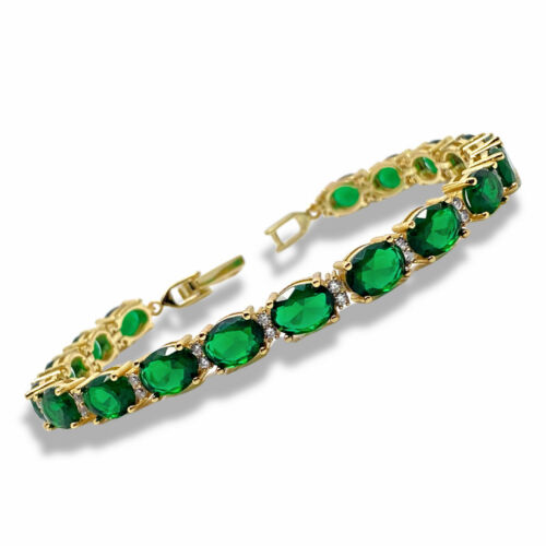 Yellow Gold Finish Green Emerald & Created Diamond Tennis Bracelet – Elegant Luxury Jewelry