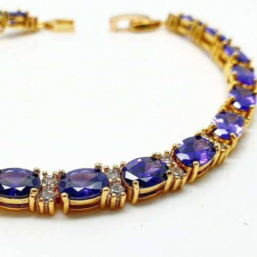 Yellow Gold Finish Purple Amethyst and Created Diamonds Tennis Bracelet + Gift Box