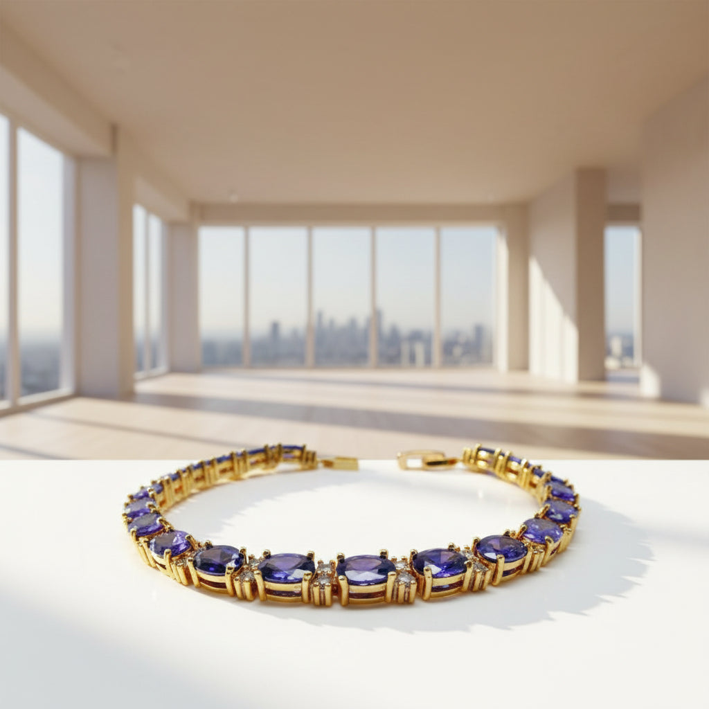 Amethyst & Created Diamond Tennis Bracelet – Yellow Gold Finish | Gift Box