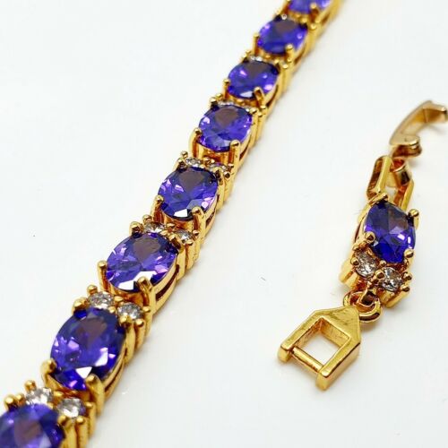 Yellow Gold Finish Purple Amethyst and Created Diamonds Tennis Bracelet + Gift Box