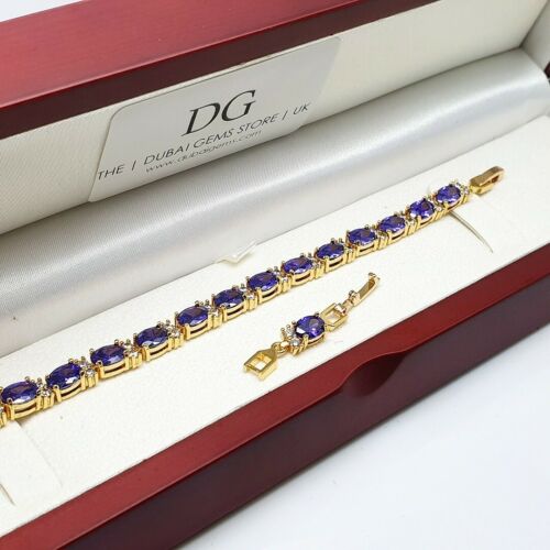 Yellow Gold Finish Purple Amethyst and Created Diamonds Tennis Bracelet + Gift Box