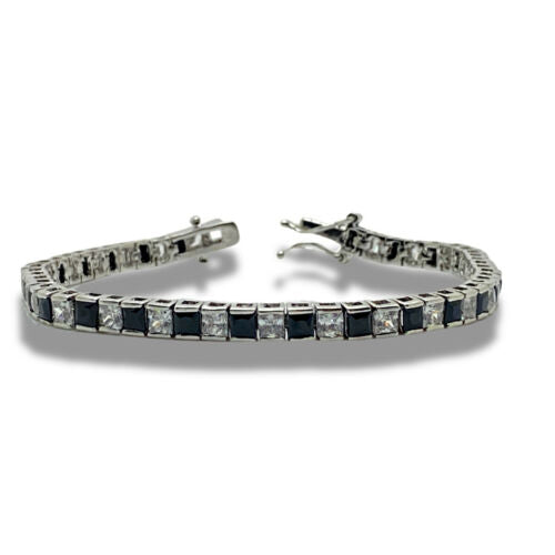 White Gold Finish Princess Cut Black Onyx & Created Diamond Bracelet + Gift Box