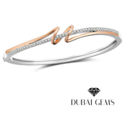 White & Rose Gold Finish Round Cut Created Diamond Swirl Bangle