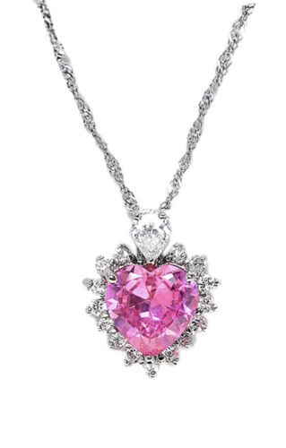 White Gold Finish Heart Cut Pink Tourmaline Created Diamond Pendant