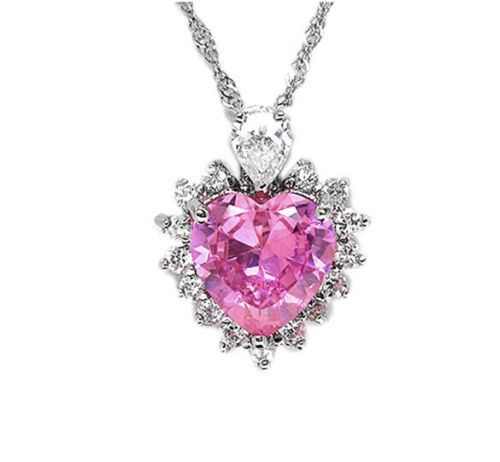 White Gold Finish Heart Cut Pink Tourmaline Created Diamond Pendant