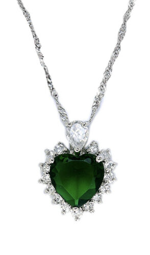 White Gold Finish Green Emerald Heart & Created Diamond Necklace