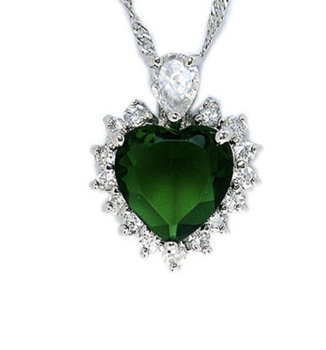 White Gold Finish Green Emerald Heart & Created Diamond Necklace