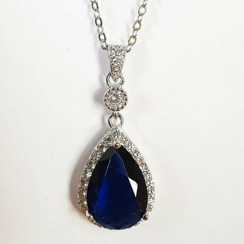 White Gold Finish Blue Sapphire and Created Diamond Pendant Necklace + Gift Box