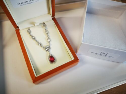 White Gold Finish Red Ruby and Created Diamond Pear Cut Necklace